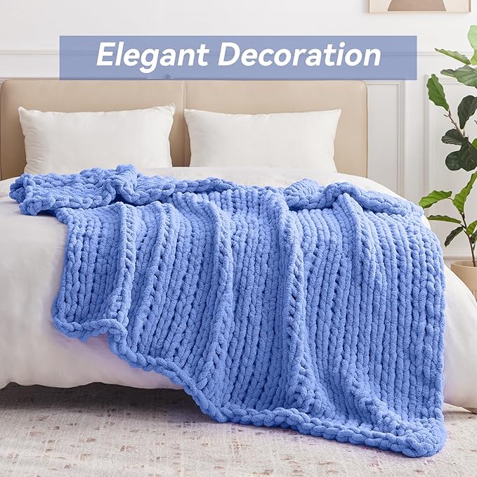 Chunky Knit Throw Blanket, 50''*60'' Knitted Throw Chenille Yarn for Bed Couch, Handmade Light Blue Crochet Big Thick Blanket, Machine Washable Cute Comfy Blanket for Home Decor-Ruum Studio Home