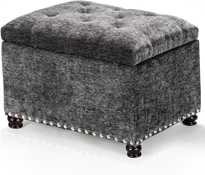 Joveco Storage Ottoman Bench, Rectangle 24" Velvet Foot Rest Stool Square Footstool for Living Room, Bedroom, Charcoal Grey-Ruum Studio Home