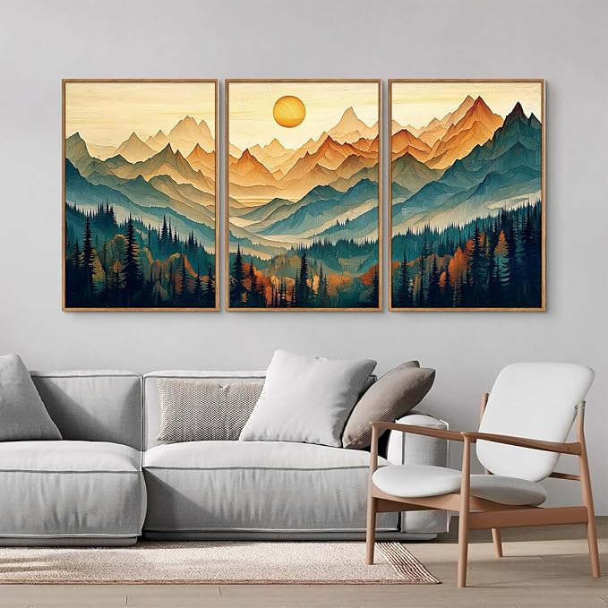 Tinonedraw Large Mountain Framed Canvas Wall Art Set of 3, Boho Nature Forest Wall Decor, Neutral Wooden Pine Trees Artwork, Sunrise Ridge Landscape Art Printing for Living Room Bedroom Office 16"x24"-Ruum Studio Home
