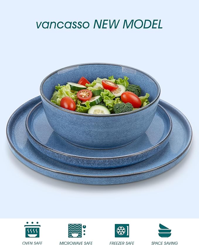 vancasso ANYA 24 Pieces Plates and Bowls Set, Blue Dinnerware Sets, Reactive Glaze Dishes Set for 8, Ceramic Dishware Sets Kitchen Dinner Set, Microwave & Dishwasher Safe-Ruum Studio Home