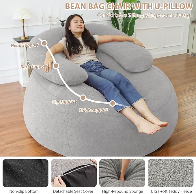 HABUTWAY Bean Bag Chair with U-Shaped Pillow for Adult and Kids Big BeanBag Chair with Filling Ultra Soft Teddy Fleece Couch Chair with Washable Cover for Living Room Bedroom, Light Grey & Light Grey-Ruum Studio Home