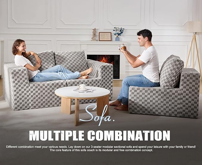Modular Sectional Sofa 3-Seater Modular Couch with Deep Seat Memory Foam Cloud Chair with Pillows Oversized Sectional Sofa for Living Room Bedroom (Plush Grey, 3-Seater)-Ruum Studio Home