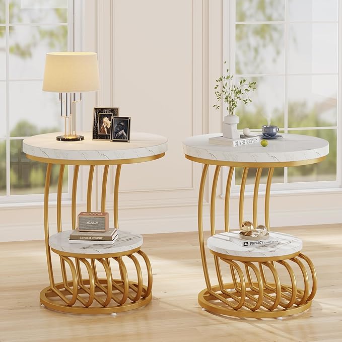 Tribesigns Gold Round End Table: 2 Tiers Side Table Set of 2 with Storage Shelf, Modern White Gold Bedside Nightstand, Metal Faux Marble Accent Table for Living Room-Ruum Studio Home