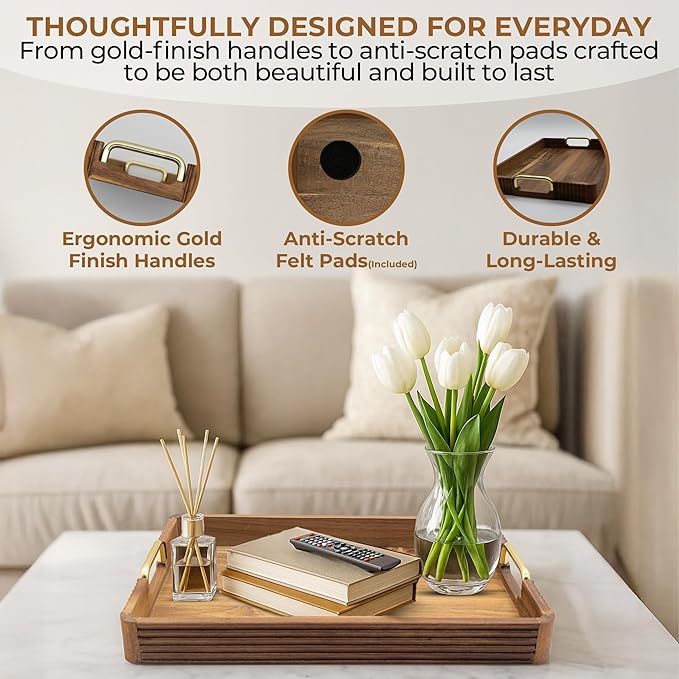 Acacia Wood Serving Tray with Metal Handles – 17x12in Rustic Decorative Ottoman & Coffee Table Tray for Breakfast in Bed, Dinner, Bar, Kitchen, Home Décor & Entertaining-Ruum Studio Home