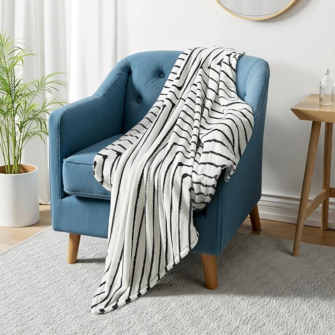 Lahome Boho Fleece Throw Blanket Black White Striped Fluffy Bed Throws Soft Cozy Warm Fuzzy Throw Blanket Reversible Blankets for Couch Sofa, Off White 50''x60''-Ruum Studio Home