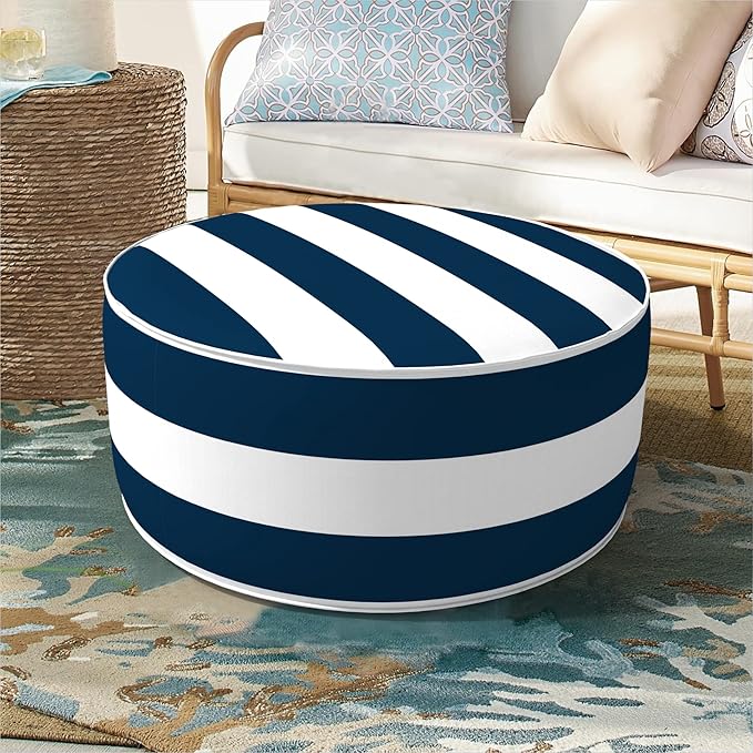 Inflatable Ottoman Stool D21 xH9 for Outdoor/Indoor Use, Water Repellent Patio Foot Rest Stool with Portable Handle,Round Pouf Ottoman Suitable for Garden,Deck and Camping - Cabana Navy-Ruum Studio Home