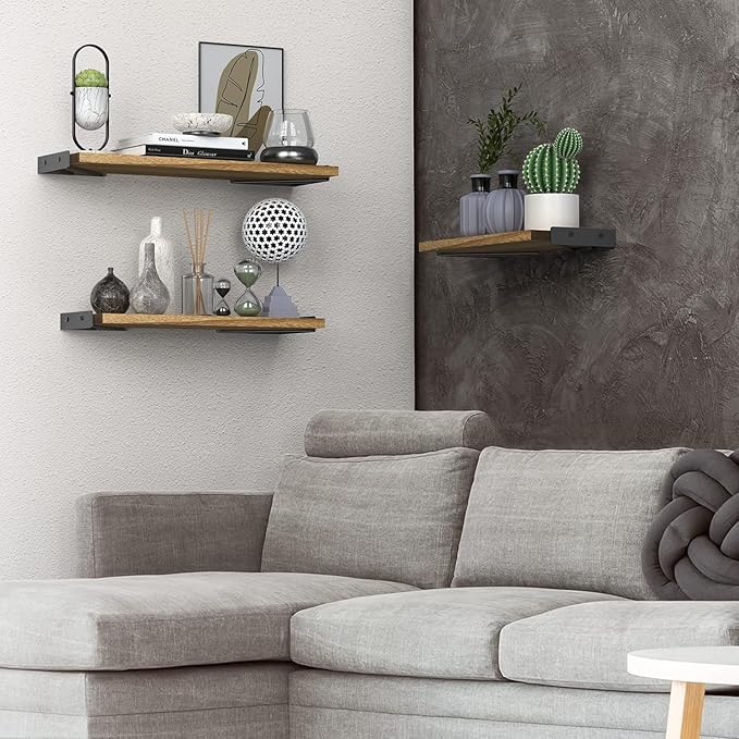 BAYKA Wall Shelves for Bedroom Decor, Floating Wall Shelves for Living Room Kitchen Storage, Wall Mounted Rustic Wood Floating Shelves for Kids Books, Corner Shelves for Bathroom(Brown，Set of 3)-Ruum Studio Home