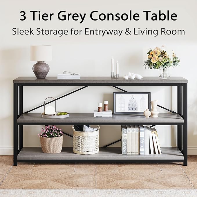 LVB Long Console Table with Storage, Farmhouse Rustic Skinny Entryway Table, Modern Wood Metal Hallway Sofa Table with Shelf, Industrial Narrow Couch Entry Table for Foyer Living Room, Light Grey, 63-Ruum Studio Home
