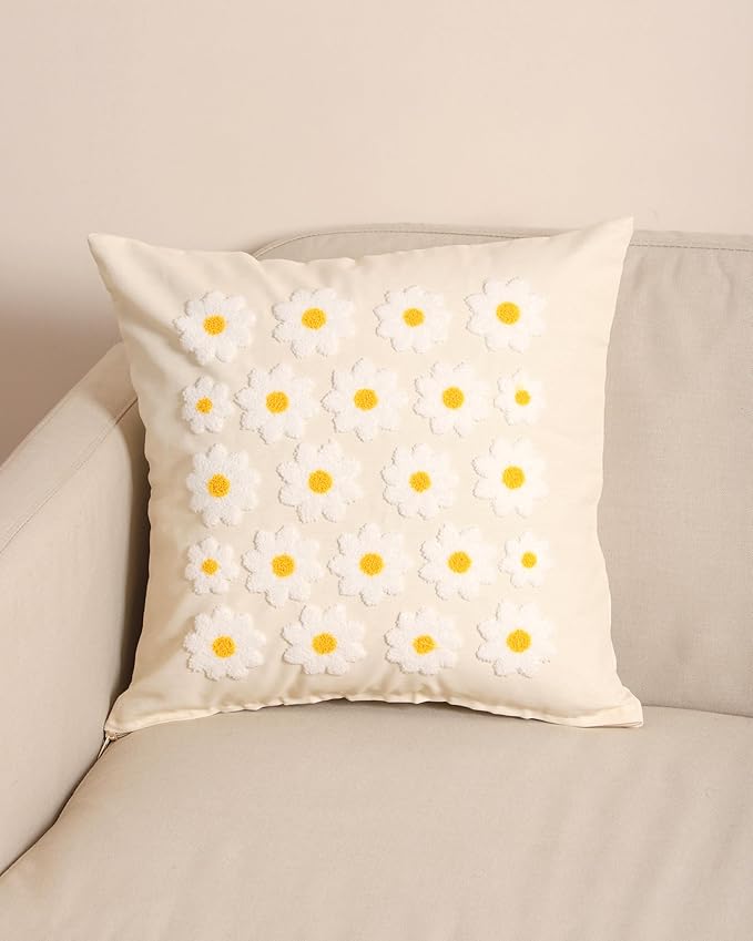 katre home madame & textile Throw Pillow Cover – Handcrafted Daisy Design on Natural Cotton – 18x18 inch – Decorative Punch Needle Cushion Cover – Boho Floral Accent Pillowcase-Ruum Studio Home