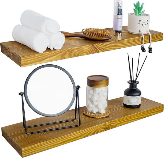 BGMG Wood Floating Shelves for Wall 24 inch Set of 2, Rustic Wooden Wall Mount Shelves for Living Room Bedroom Kitchen Farmhouse-24x6.7x1.25 inch- Gold Oak-Ruum Studio Home