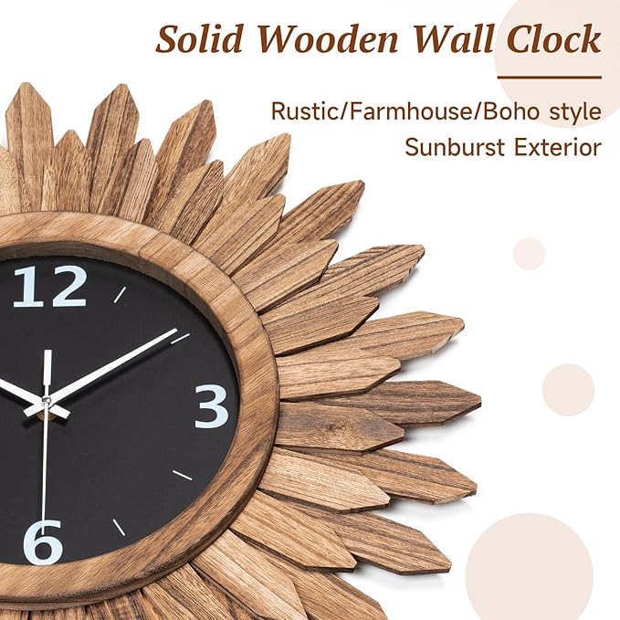 Honiway 14 Inch Wall Clock, Rustic Wood Boho Sunburst Decorative Wall Clocks Battery Operated Silent Non Ticking Farmhouse Small Wall Clocks for Living Room Kitchen Bedroom Home Decor (Rustic Brown)-Ruum Studio Home