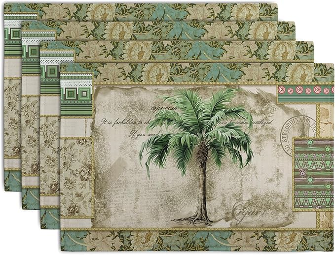 Tropical Palm Tree Placemats Set of 4 Summer Vintage Green Leaf Kitchen Table Mat 12x18 Inch Hawaii Beach Jungle Plant Tree Heat Resistant Washable Linen Place Mats for Dining Tables-Ruum Studio Home