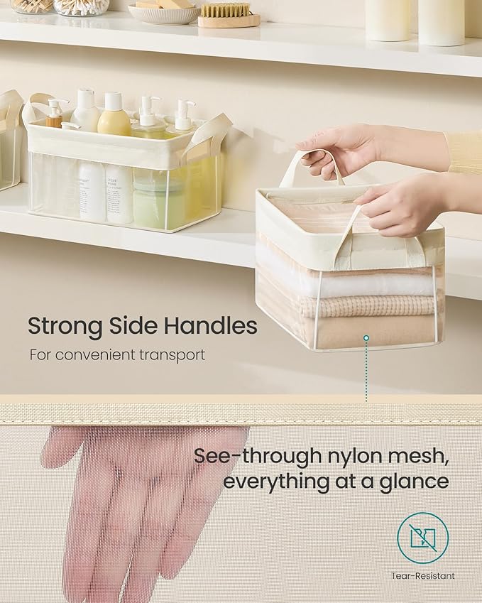 SONGMICS Storage Bins Set of 3, Small Fabric Storage Baskets, Foldable Organizer with Transparent Nylon Mesh, 11.8 x 7.9 x 5.9 Inches, Handles, for Bathroom, Kitchen, Cream White URFB915W01-Ruum Studio Home