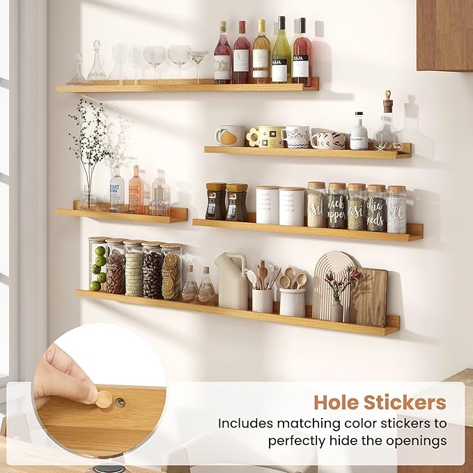 Fun Memories Picture Ledge Shelves Set of 2, 32 Inch Rustic Wall Mounted Floating Shelves with Lip for Home Storage and Décor in Bathroom, Kitchen, Nursery, Bedroom, Living Room, Oak-Ruum Studio Home