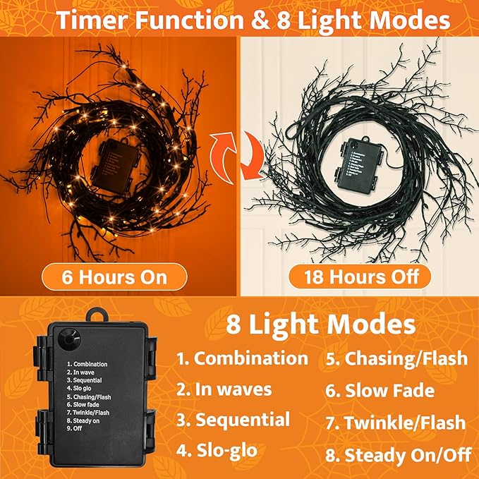 9 FT 72LED Halloween Willow Vine Twig Decor Branches Garland with Lights - 8 Modes Timer - Waterproof Battery Operated for Indoor Wall Fireplace Halloween Decorations-Ruum Studio Home
