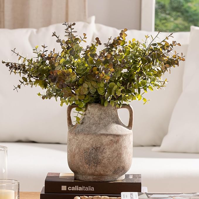 Mitt&Ditt Ceramic Flower Vase with Handles, 8 inch Tall Off-White Vase, Decorative Terracotta Vases, Farmhouse Rustic Pottery Vases for Home Decor, Living Room, Table-Ruum Studio Home