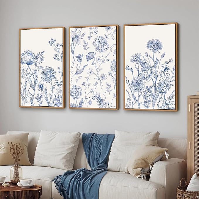 Tinonedraw Large Classic Chinoiserie Flower Framed Canvas Wall Art Set, Navy Blue and White Floral Wall Decor, Minimalist Neutral Botanical Art Printing for Living Room Bedroom Office Dorm 16"x24"x3-Ruum Studio Home