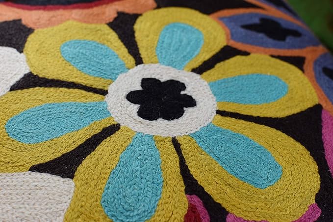 Modern Black Daisy Floral Pillow Cover Accent Flower Traditional Pillowcase Hand Embroidered Florals Couch Pillowsham Boho Outdoor Cushion Suzani Accent Pillow Wool 18x18 Inch-Ruum Studio Home