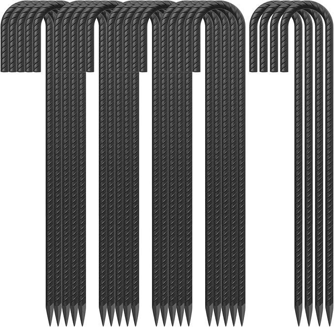 24 Pack J Hook Rebar Stakes 24 Inch 3/8 Inch Diameter Metal Stakes for Ground Heavy Duty with Chisel Point End Chain Link Fence Stakes for Swing Set, Gazebo and Bounce House, Black-Ruum Studio Home