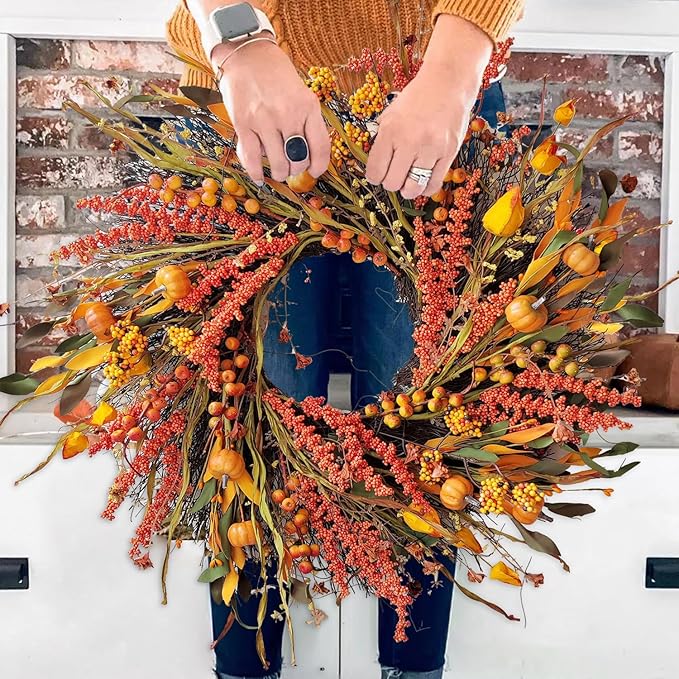 WANNA-CUL 24 inch Fall Wreath Decor for Front Door with Pumpkins, Hawthorn,Grain,Lantern Fruit,Berries,Eucalyptus Leaves, Large Harvest Door Wreath for Autumn or Thanksgiving Decoration-Ruum Studio Home
