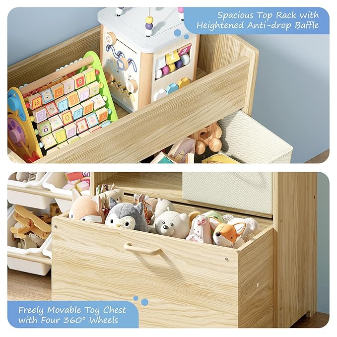 Toy Storage Organizer for Kids, 9-Bin Toy Organizer with 2-Drawers,Movable Toy Chest and Top Rack, Multifunctional Kids Bookshelf and Toy Storage for Living Room, Playroom, Nursery, White-Ruum Studio Home