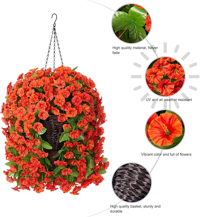 Artificial Fake Hanging Flowers Plants Baskets for Outdoor Fall Decoration, Faux Silk Orange Morning Glory in Planter UV Resistant Look Real for Home Porch Patio Balcony Yard Decor-Ruum Studio Home