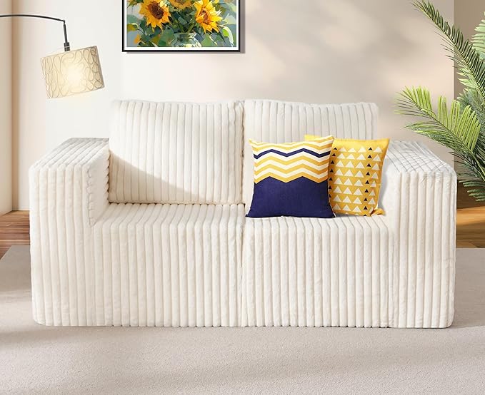 Modular Sectional Sofa 2 Seater Loveseat Modular Couch with Deep Seat Memory Foam Cloud Chair with Pillows Oversized Sectional Sofa for Living Room Bedroom (Strip White, Loveseat)-Ruum Studio Home
