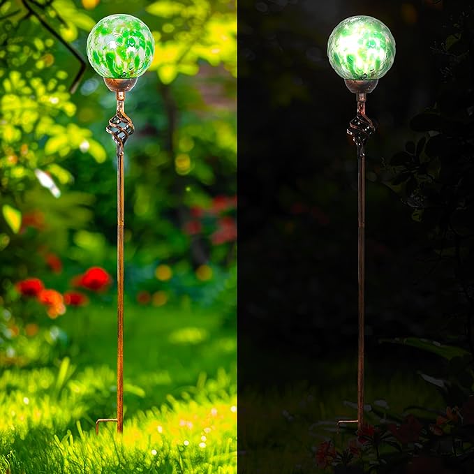 Garden Solar Lights, Decorative LED Honeycomb Glass Ball Garden Stake, Glass and Metal Outdoor Decoration, 4 x 31 Inch (Green)-Ruum Studio Home