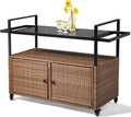 VINGLI Wicker Outdoor Bar Cart with Storage and Wheels, Outdoor Bar Table Serving Cart Rattan Bar Cart with Glass Top and Shelf for Pool, Party, Backyard, Porch (Brown)-Ruum Studio Home