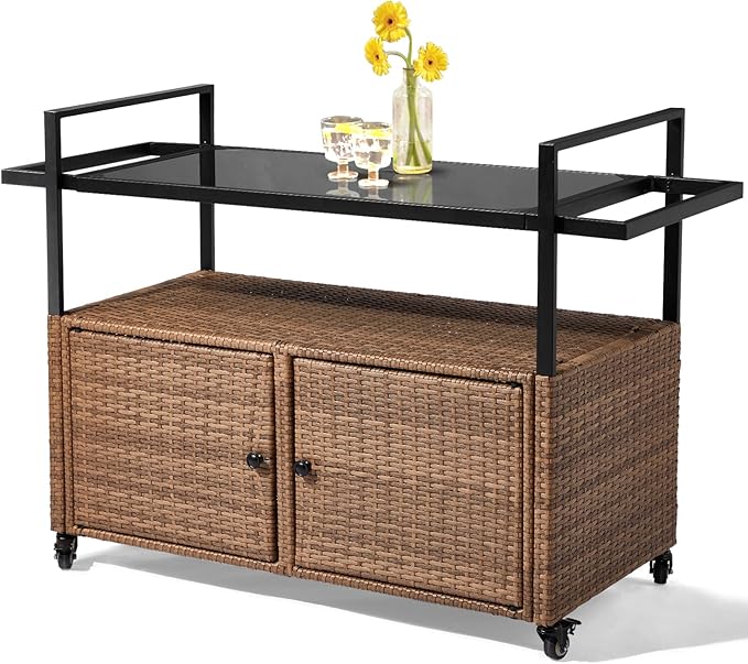 VINGLI Wicker Outdoor Bar Cart with Storage and Wheels, Outdoor Bar Table Serving Cart Rattan Bar Cart with Glass Top and Shelf for Pool, Party, Backyard, Porch (Brown)-Ruum Studio Home