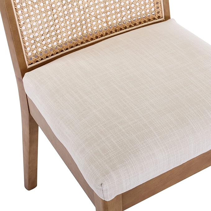VESCASA Upholstered Dining Chairs with Square Rattan Back, Armless Padded Linen Cushion Dining Chairs with Wood Legs for Dining Room, Kitchen, Set of 4, Natural Frame-Ruum Studio Home