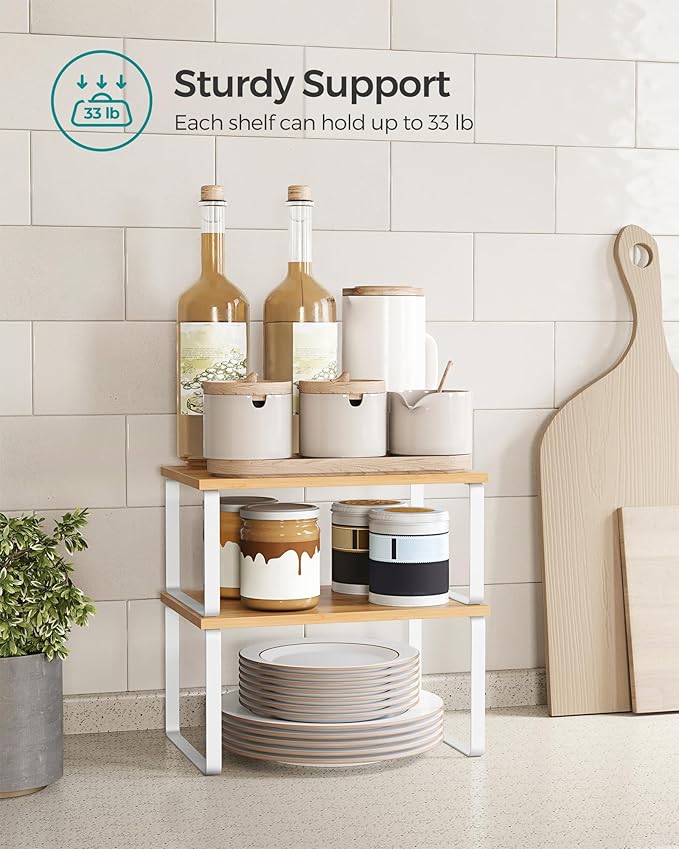 SONGMICS Cabinet Organizer Shelf, Set of 2 Kitchen Counter Shelves, Kitchen Storage, Spice Rack, Stackable, Expandable, Metal and Engineered Wood, Cloud White and Natural Beige UKCS02NW-Ruum Studio Home