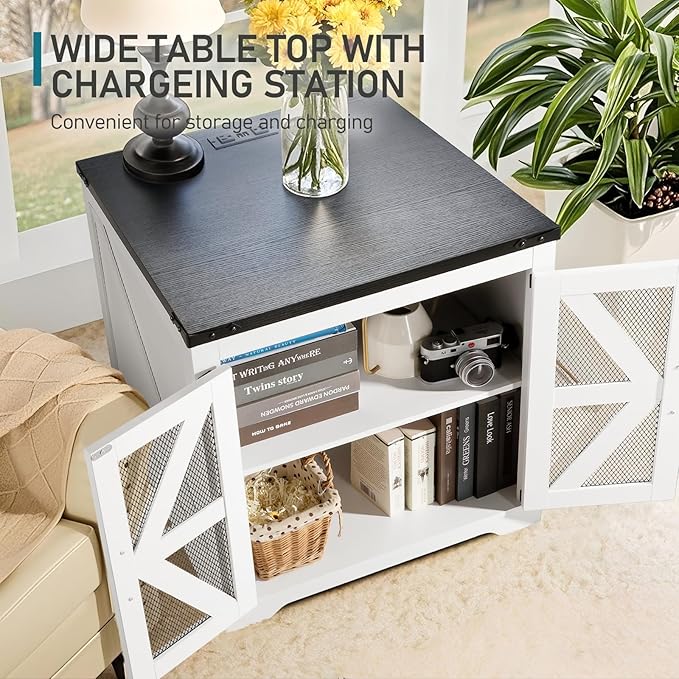 Farmhouse End Table, 24" Large Sofa Side Table with Charging Station, Mesh Barn Door, White Nightstand with Adjustable Storage Shelf, Square Nightstand for Living Room, Bedroom, Office-Ruum Studio Home