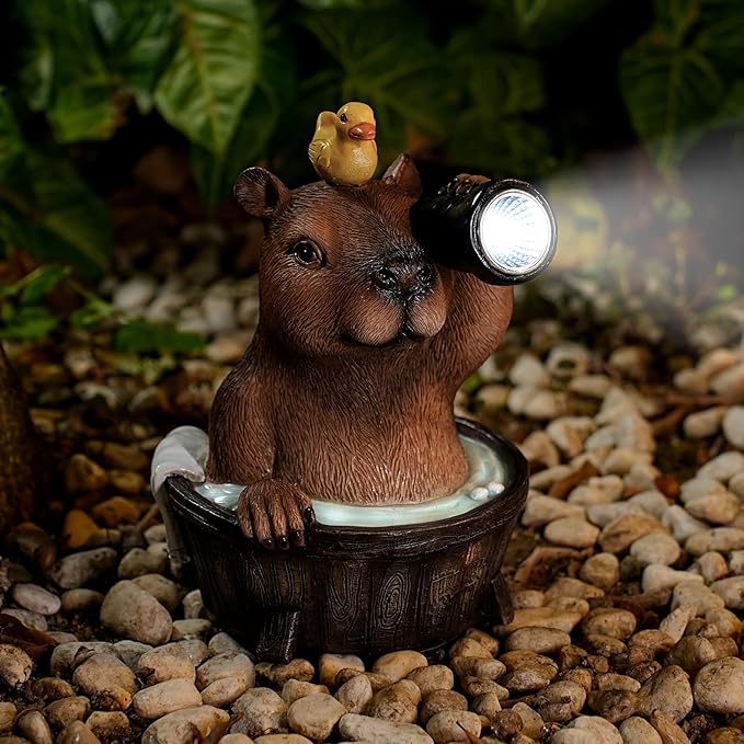 Capybara Solar Garden Statue – Funny Outdoor Resin Animal Decor with Flashlight & Duck – Waterproof Yard Lawn Ornament with LED Light – Solar Powered Figurine for Patio, Porch, Landscape-Ruum Studio Home