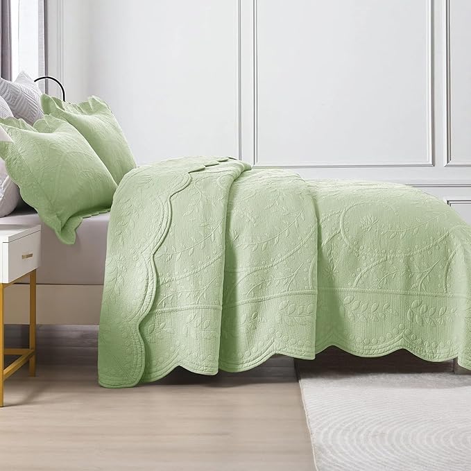 MarCielo 3-Piece 100% Cotton Oversized Bedspread Lightweight Quilt Coverlet Embroidery Farmhouse Bedding Set (TX Pale Green, Oversized Queen (100"x106"))-Ruum Studio Home