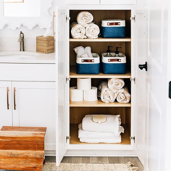 OrganiHaus Small Fabric Storage Baskets for Shelves 3 Pack, 12x8in Closet Storage Bins for Shelves, Cloth Baskets for Organizing, Linen Closet Organizers, Fabric Basket, Navy Blue/White-Ruum Studio Home