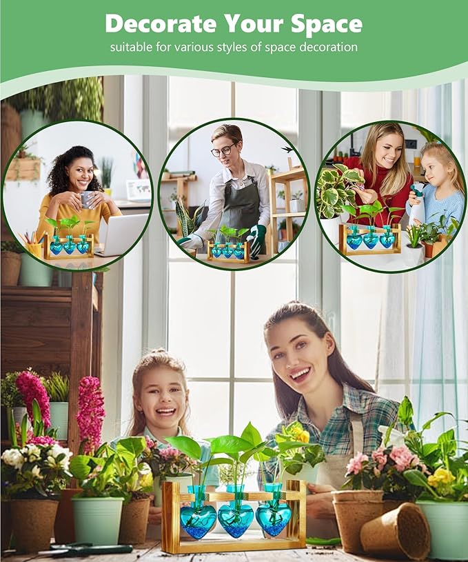 Nacome Plant Terrarium for Office Decor: Birthday Gifts for Plant Lovers Women Mom Wife - Wooden Stand Tabletop Planter 3 Bulb Glass Vase Heart Shaped for Hydroponics Indoor Home-Ruum Studio Home