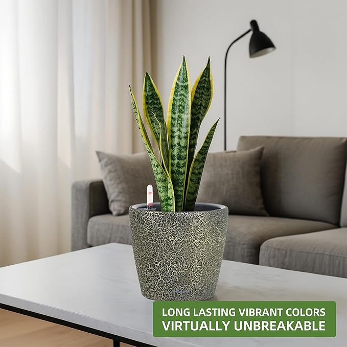 Dexceder 9x8 Inches Self Watering Planter Indoor Outdoor, Inner Pot Design, Thickened Table Flower Plant Pot with Water Level Indicator (Black Gold Crackle)-Ruum Studio Home