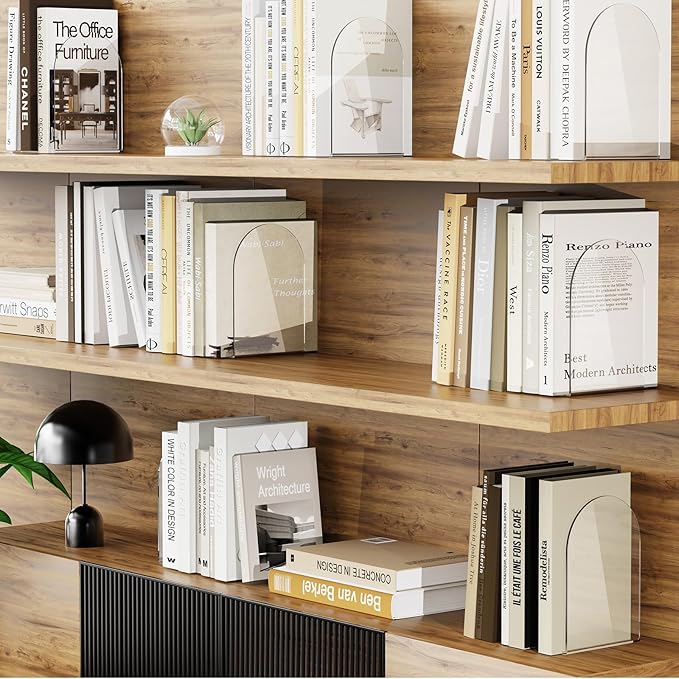 Lulonpon 6 Pieces Book Ends, Bookends, Books End for Shelves, Books End for Heavy Books, Clear Bookends, Acrylic Book Ends for School, Library,Desktop Organizer and Book Shelves-Ruum Studio Home