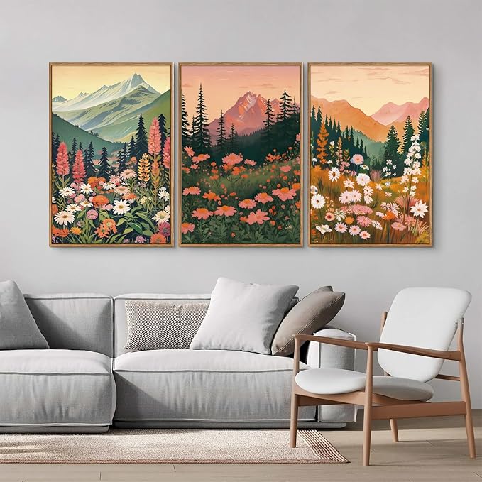 Tinonedraw Colorful Nature Flowers Framed Canvas Wall Art Set, Boho Blue Ridge Mountain Wall Decor,Floral Forest Scenery Artwork, Modern Wildflower Blossom Landscape Art Prints for Living Room Bedroom Office 16"x24"x3-Ruum Studio Home