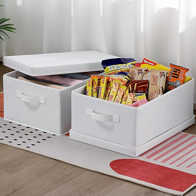 HOONEX Storage Bins with Lids for Organizing, Pack of 2, Storage Boxes with 2 Carrying Handles and Sturdy Heavy Cardboard, 16.5" L x 11.8" W x 7.5" H for Shoes, Books, Clothes, Nursery, White-Ruum Studio Home