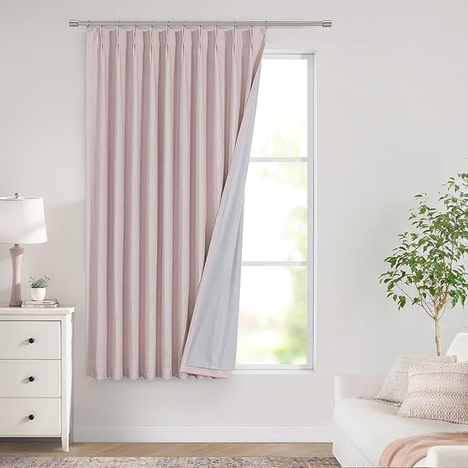 Vision Home Soft Pink Pinch Pleated Full Blackout Curtains Linen Blended Room Darkening Window Curtains 72 inch for Living Room Bedroom Thermal Insulated Pinch Pleat Drapes with Hooks 60" Wx72 Lx1-Ruum Studio Home
