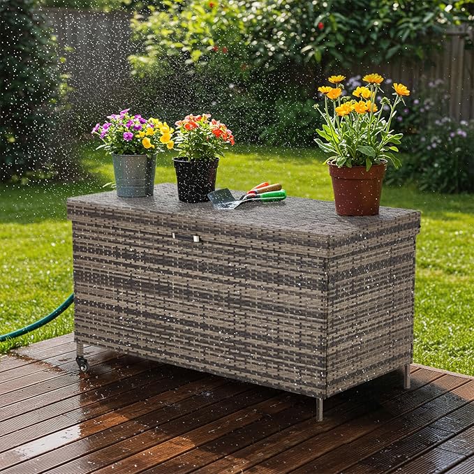 HOMREST Large Deck Box, Outdoor Wicker Storage Container with 240 Gallon, Patio Rattan Furniture for Garden Tools, Pillows, Pool, Brown-Ruum Studio Home