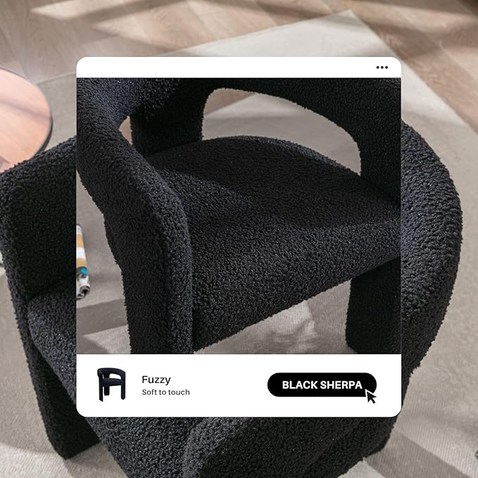 Black Sherpa Dining Chairs Set of 2, Modern Barrel Dining Room Chairs Upholstered Faux Fur Accent Chair with Arms and Round Back for Living Room Kitchen Armchair No Assembly Needed-Ruum Studio Home