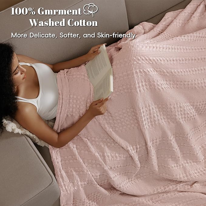 PHF 100% Cotton Waffle Weave Blanket Queen Size, Soft Lightweight Breathable Cozy Summer Blankets for Bed, Luxury Aesthetic Woven Bedding for Home Decor, 90"x90", Pink/Mauve-Ruum Studio Home