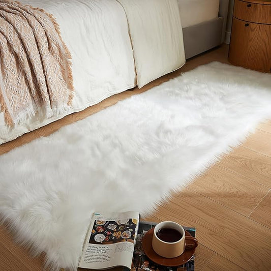 AMTOVO Faux Fur Rug, White Ultra Soft Fluffy Shag Sheepskin Rug, 2 x 6 ft Runner Area Rugs for Bedroom Sofa Throw Cushion Room Decor, Rectangle-Ruum Studio Home