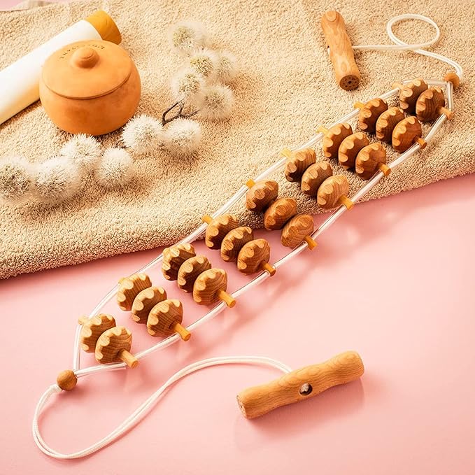 2 Pcs Wooden Sturdy Lymphatic Drainage Roller & Back Massager with Ropes, Maderotherapy, Body Sculpting- Recommended by Professionals (Roller & Massager)-Ruum Studio Home