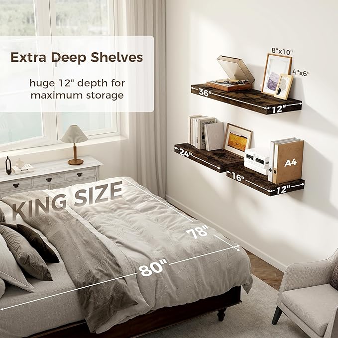 Floating Shelves 36 Inch Long, 12 Inch Deep Floating Shelves for Wall, 36 x 12 Shelves for Wall Storage & Display, 2" Thick Floating Shelf for Bathroom, Living Room, Rustic Brown Color, Set of 1-Ruum Studio Home