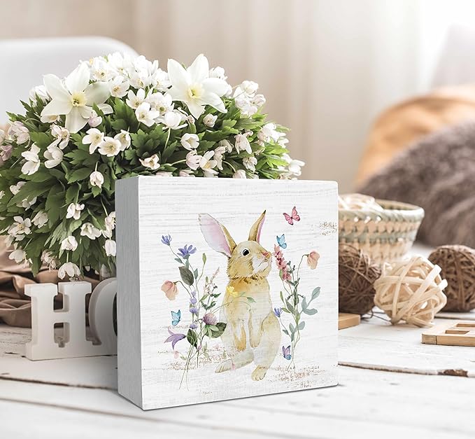 SRADMO Bunny Sign, Cute Bunny's Wood Box Sign Desk Decor, Easter Bunny Gifts for Kids, Easter Theme Wooden Block Box Sign Decoration for Home Office Shelf Table Decor-Ruum Studio Home