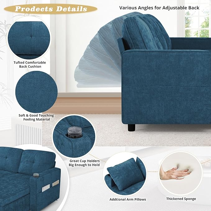 110 Inches Chenille Sectional Sofa w/Pull Out Sofa Bed & Adjustable Back, Tufted U Shaped Couch w/Two Storage Chaises, Sleeper Sectional Sofa w/USB Port & Cup Holders for Living Room, Blue-Ruum Studio Home